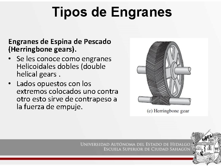 Tipos de Engranes de Espina de Pescado (Herringbone gears). • Se les conoce como