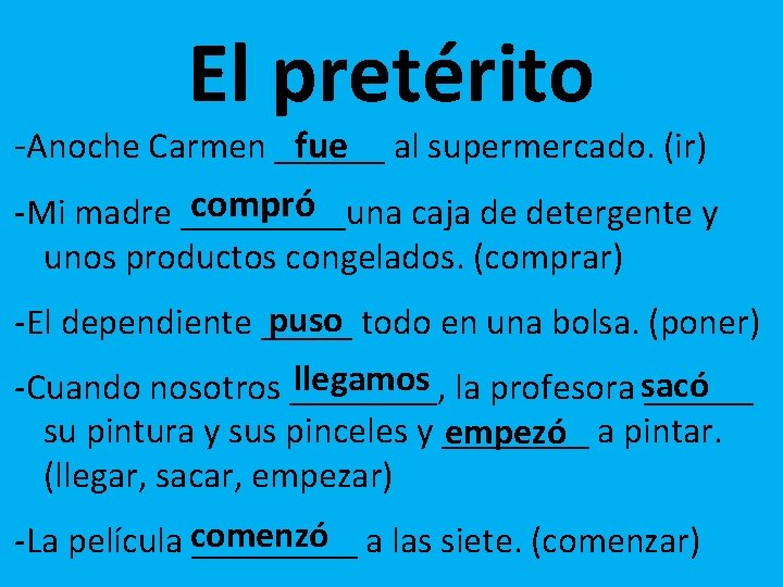 El pretérito fue al supermercado. (ir) -Anoche Carmen ______ compró -Mi madre _____una caja