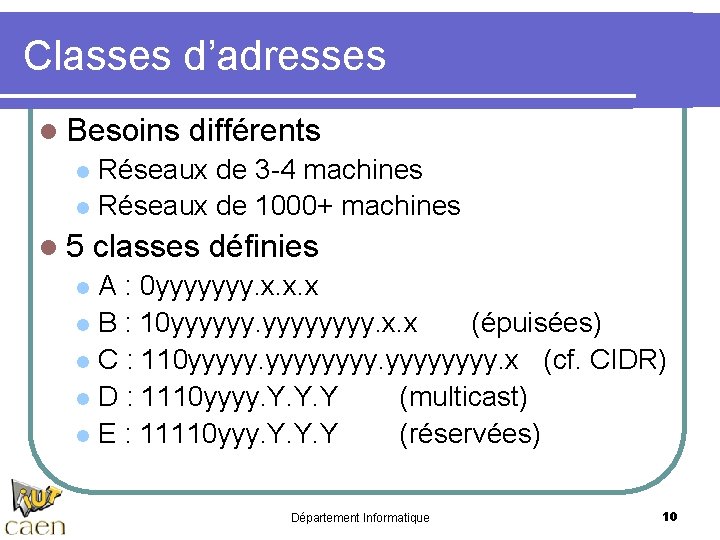 Classes d’adresses l Besoins différents Réseaux de 3 -4 machines l Réseaux de 1000+