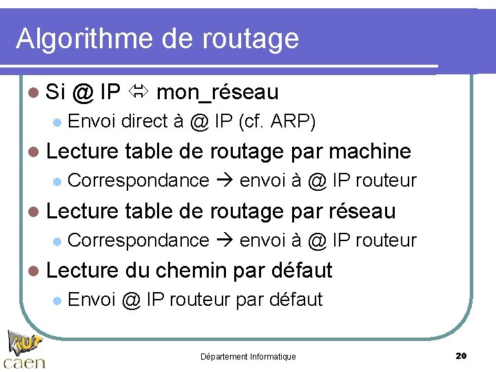 Algorithme de routage l Si @ IP mon_réseau l Envoi direct à @ IP