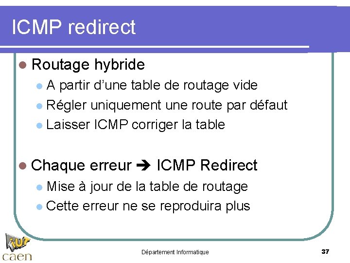 ICMP redirect l Routage hybride A partir d’une table de routage vide l Régler