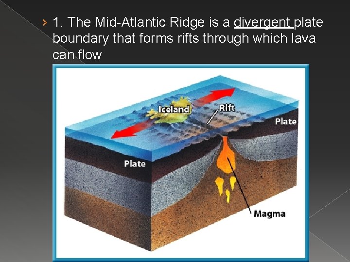 › 1. The Mid-Atlantic Ridge is a divergent plate boundary that forms rifts through