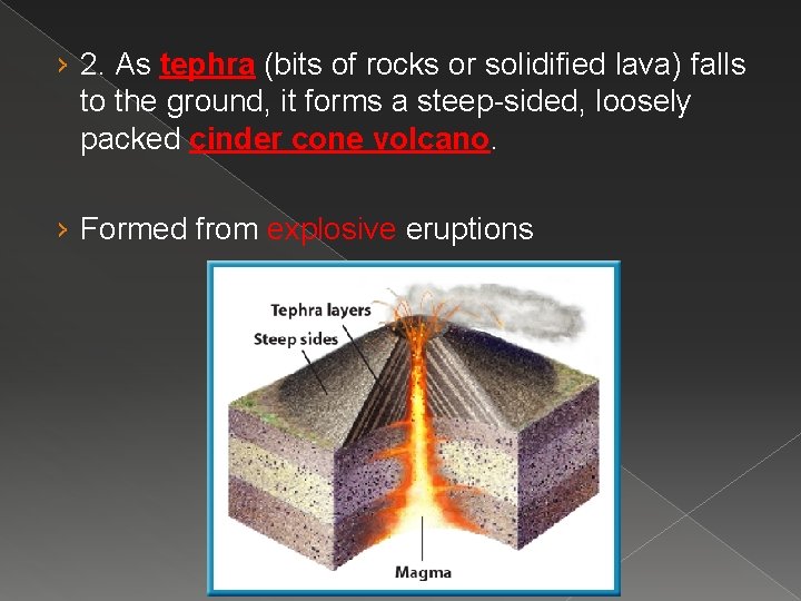 › 2. As tephra (bits of rocks or solidified lava) falls to the ground,
