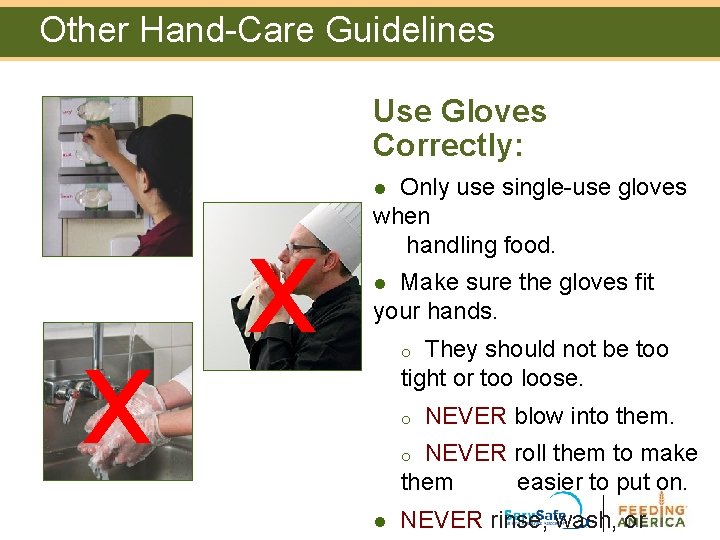 Other Hand-Care Guidelines Use Gloves Correctly: Only use single-use gloves when handling food. l Other Hand-Care Guidelines Use Gloves Correctly: Only use single-use gloves when handling food. l