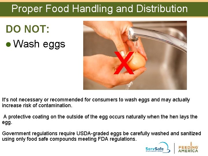 Proper Food Handling and Distribution DO NOT: l Wash eggs x It's not necessary Proper Food Handling and Distribution DO NOT: l Wash eggs x It's not necessary