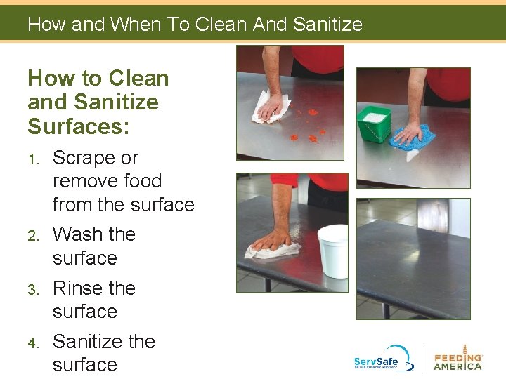 How and When To Clean And Sanitize How to Clean and Sanitize Surfaces: 1. How and When To Clean And Sanitize How to Clean and Sanitize Surfaces: 1.