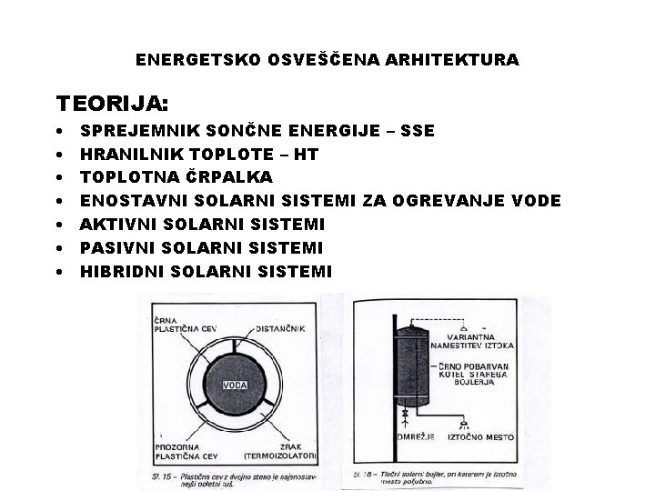 ENERGETSKO OSVEŠČENA ARHITEKTURA TEORIJA: • • SPREJEMNIK SONČNE ENERGIJE – SSE HRANILNIK TOPLOTE –