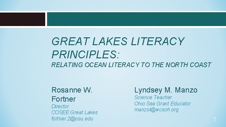 GREAT LAKES LITERACY PRINCIPLES: RELATING OCEAN LITERACY TO THE NORTH COAST Rosanne W. Fortner