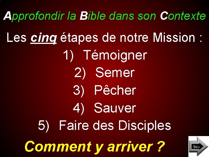 Approfondir la Bible dans son Contexte Les cinq étapes de notre Mission : 1)