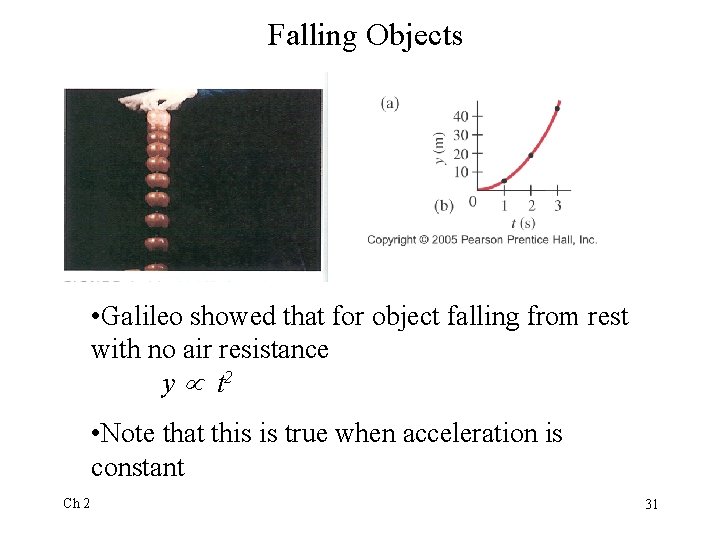 Falling Objects • Galileo showed that for object falling from rest with no air