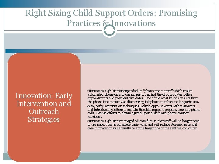 Right Sizing Child Support Orders: Promising Practices & Innovations Innovation: Early Intervention and Outreach