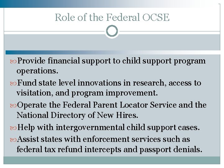 Role of the Federal OCSE Provide financial support to child support program operations. Fund