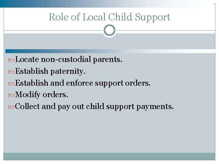 Role of Local Child Support Locate non-custodial parents. Establish paternity. Establish and enforce support