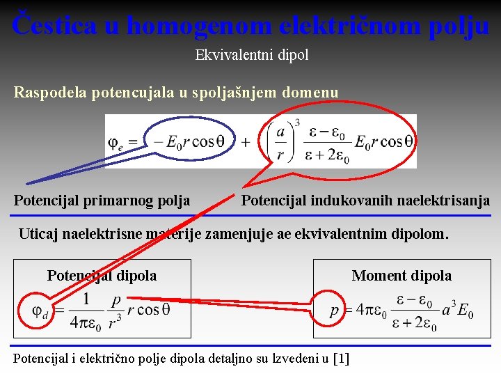 Čestica u homogenom električnom polju Ekvivalentni dipol Raspodela potencujala u spoljašnjem domenu Potencijal primarnog