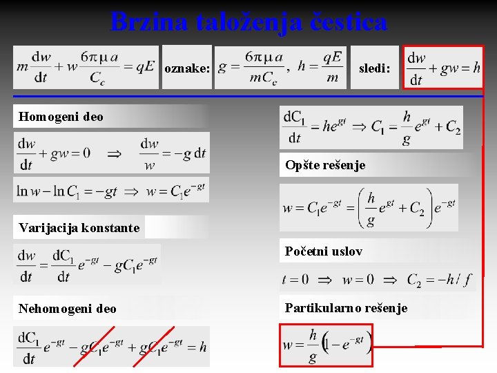 Brzina taloženja čestica oznake: sledi: Homogeni deo Opšte rešenje Varijacija konstante Početni uslov Nehomogeni
