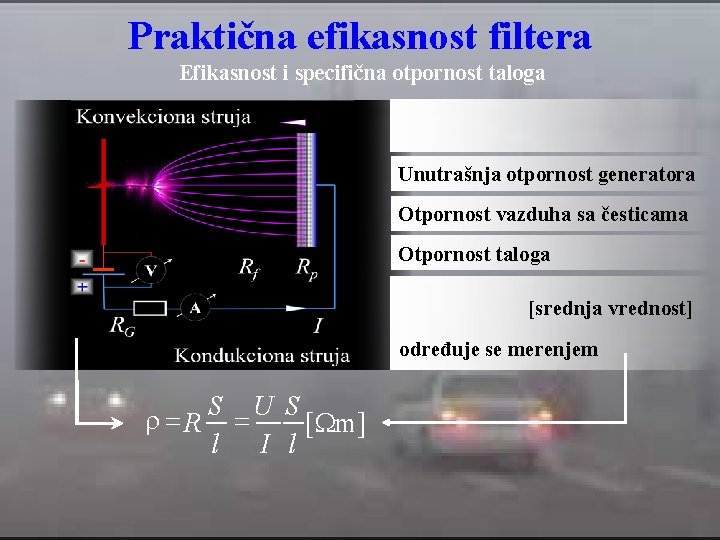 Prаktična efikasnost filtera Efikasnost i specifična otpornost taloga Unutrašnja otpornost generatora Otpornost vazduha sa