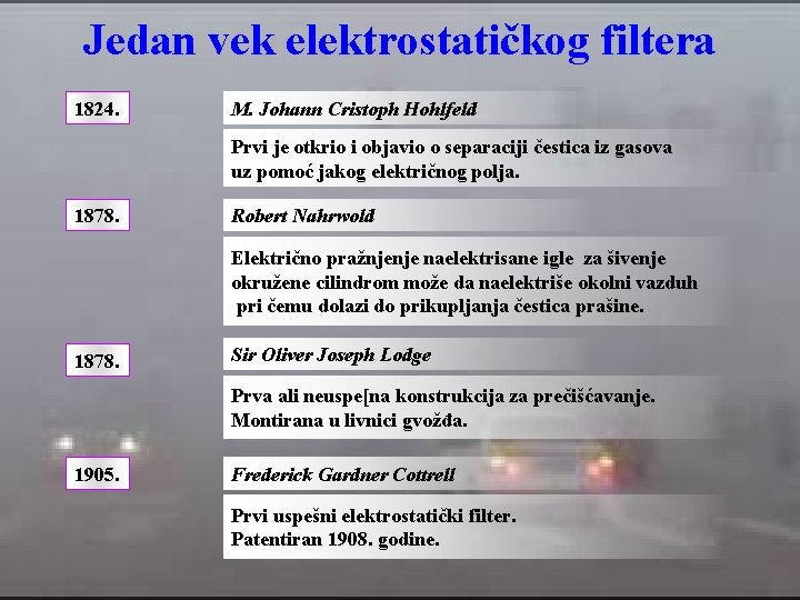 Jedan vek elektrostatičkog filtera 1824. M. Johann Cristoph Hohlfeld Prvi je otkrio i objavio