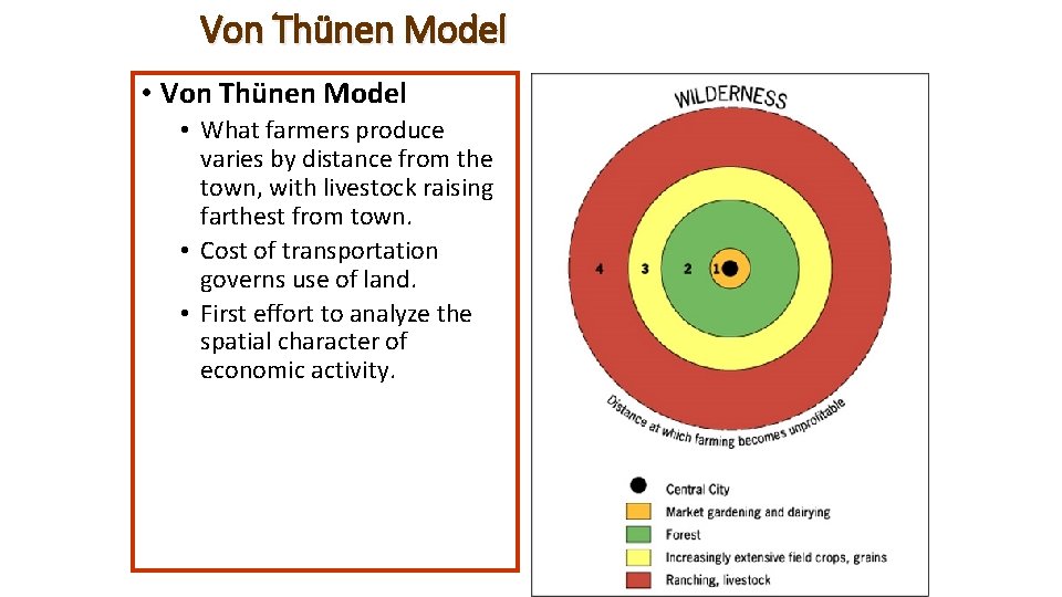 Von Thünen Model • What farmers produce varies by distance from the town, with