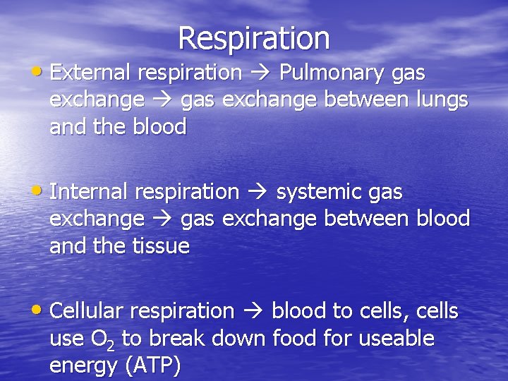 Respiration • External respiration Pulmonary gas exchange between lungs and the blood • Internal