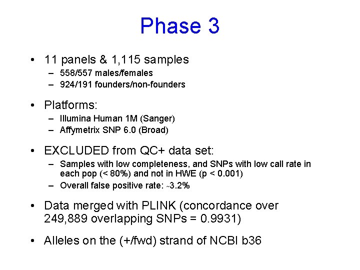 Phase 3 • 11 panels & 1, 115 samples – 558/557 males/females – 924/191