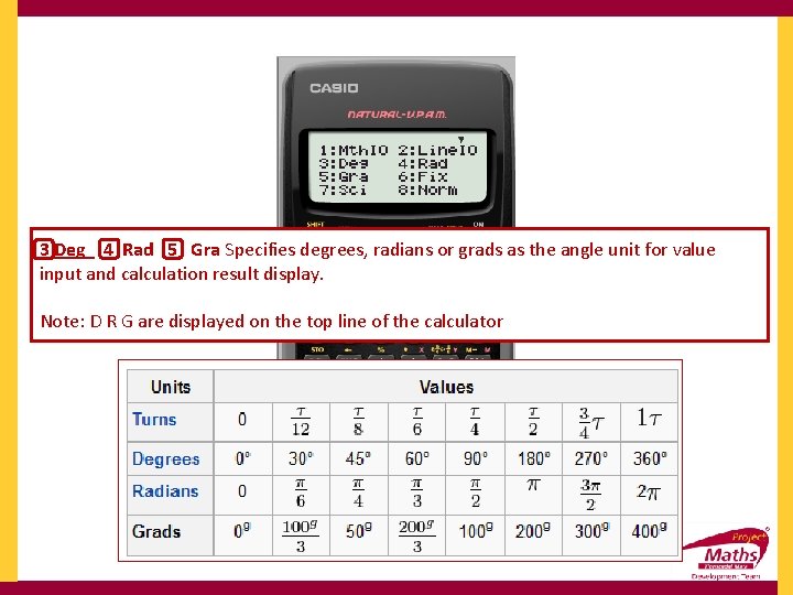 3 Deg 4 Rad 5 Gra Specifies degrees, radians or grads as the angle