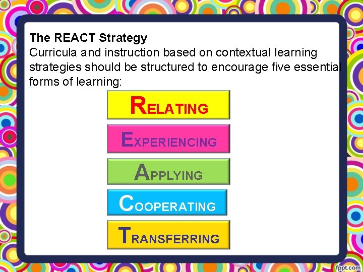 The REACT Strategy Curricula and instruction based on contextual learning strategies should be structured