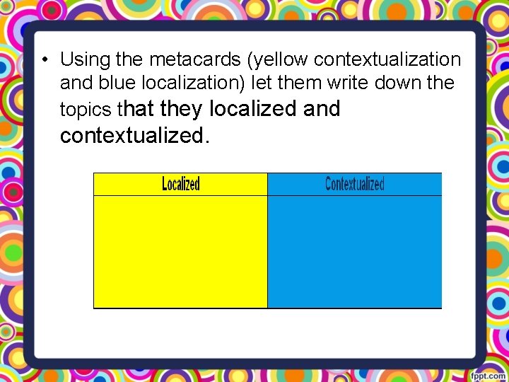 • Using the metacards (yellow contextualization and blue localization) let them write down