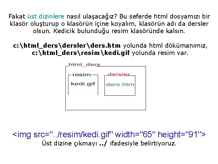 Fakat üst dizinlere nasıl ulaşacağız? Bu seferde html dosyamızı bir klasör oluşturup o klasörün Fakat üst dizinlere nasıl ulaşacağız? Bu seferde html dosyamızı bir klasör oluşturup o klasörün