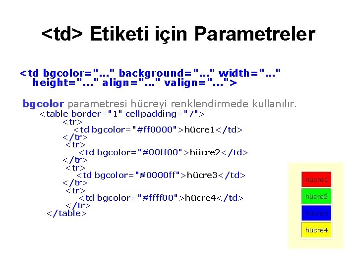 <td> Etiketi için Parametreler <td bgcolor=". . . " background=". . . " width=". <td> Etiketi için Parametreler <td bgcolor=". . . " background=". . . " width=".
