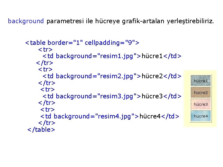 background parametresi ile hücreye grafik-artalan yerleştirebiliriz. <table border="1" cellpadding="9"> <tr> <td background="resim 1. jpg">hücre background parametresi ile hücreye grafik-artalan yerleştirebiliriz. <table border="1" cellpadding="9"> <tr> <td background="resim 1. jpg">hücre