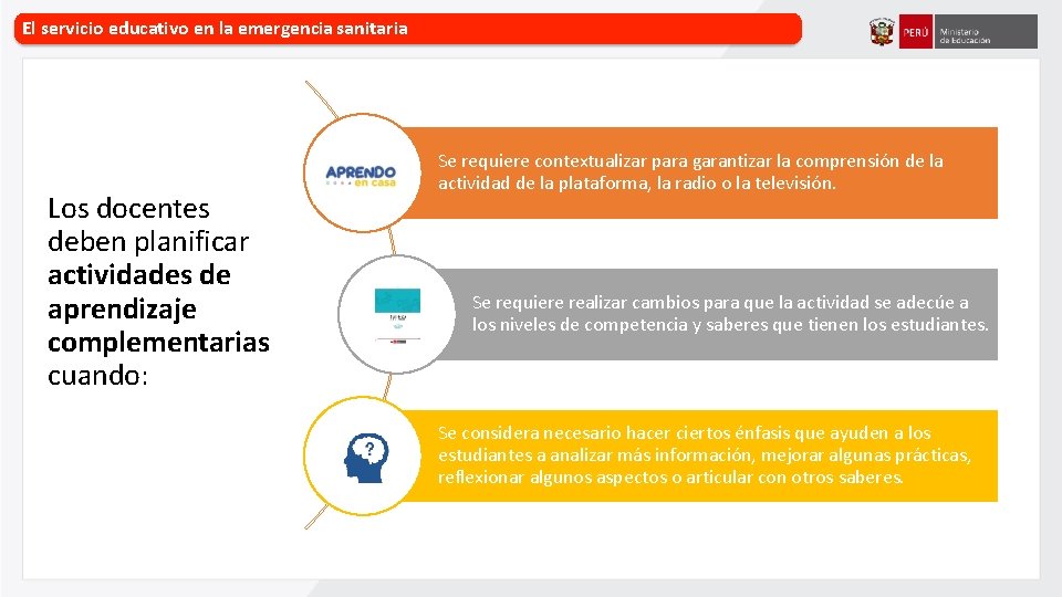 El servicio educativo en la emergencia sanitaria Los docentes deben planificar actividades de aprendizaje