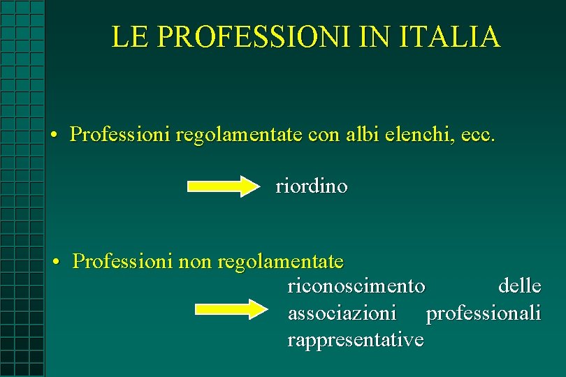 LE PROFESSIONI IN ITALIA • Professioni regolamentate con albi elenchi, ecc. riordino • Professioni
