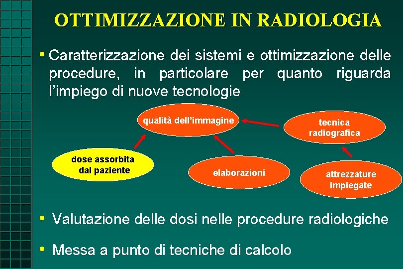 OTTIMIZZAZIONE IN RADIOLOGIA • Caratterizzazione dei sistemi e ottimizzazione delle procedure, in particolare per