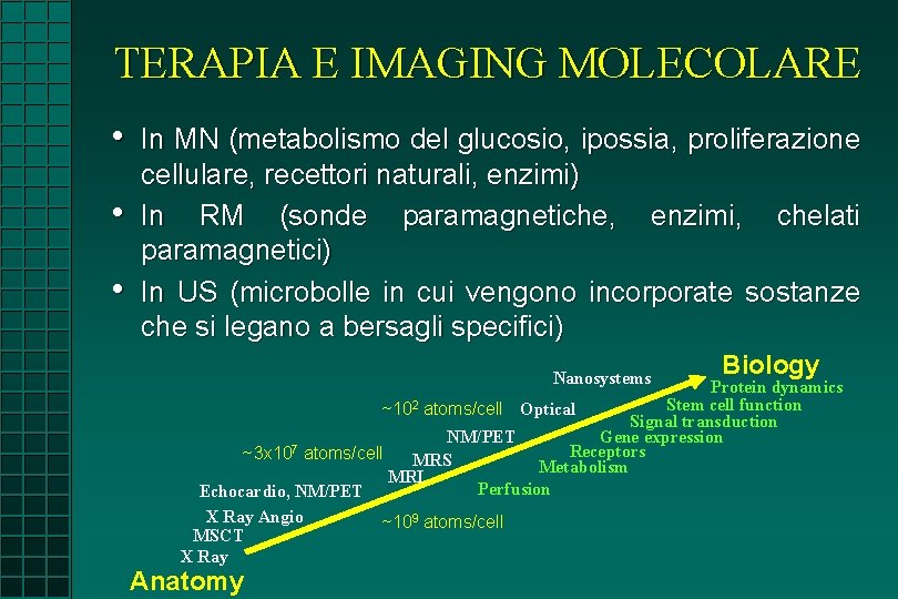 TERAPIA E IMAGING MOLECOLARE • • • In MN (metabolismo del glucosio, ipossia, proliferazione TERAPIA E IMAGING MOLECOLARE • • • In MN (metabolismo del glucosio, ipossia, proliferazione