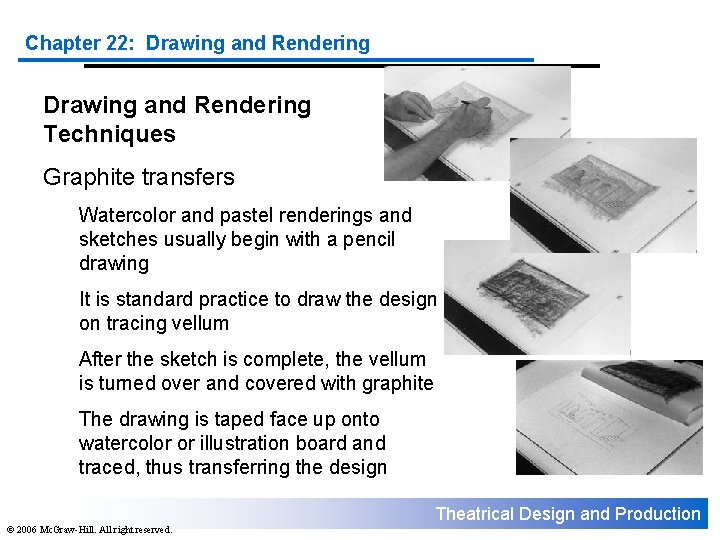 Chapter 22: Drawing and Rendering Techniques Graphite transfers Watercolor and pastel renderings and sketches