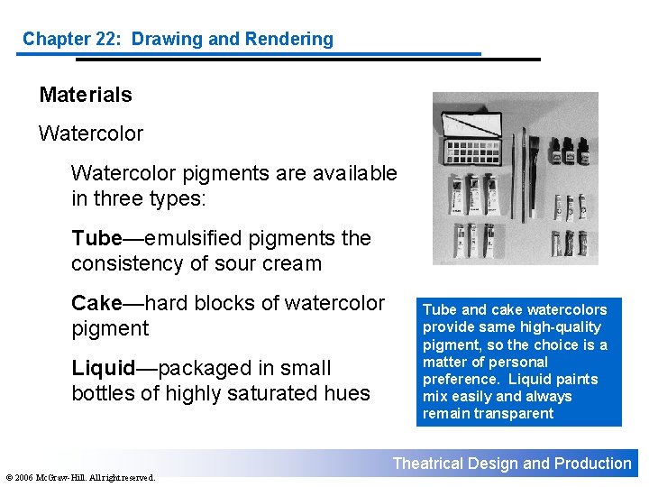 Chapter 22: Drawing and Rendering Materials Watercolor pigments are available in three types: Tube—emulsified
