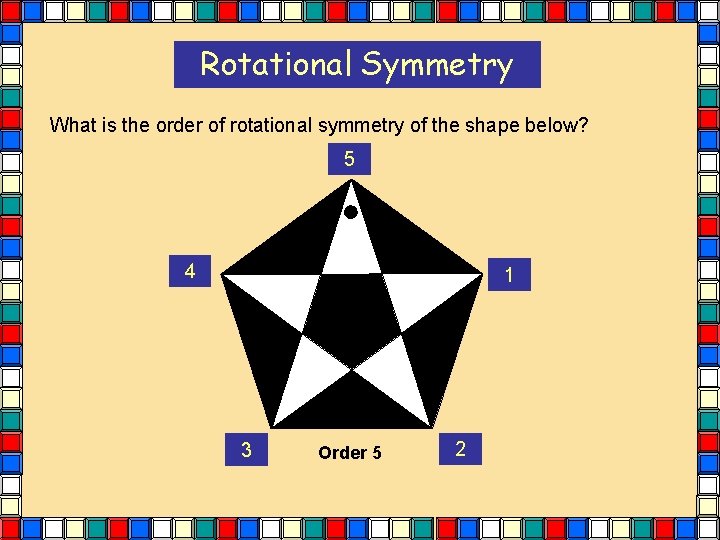 Rotational Symmetry What is the order of rotational symmetry of the shape below? 5 Rotational Symmetry What is the order of rotational symmetry of the shape below? 5