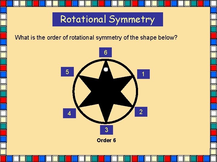 Rotational Symmetry What is the order of rotational symmetry of the shape below? 6 Rotational Symmetry What is the order of rotational symmetry of the shape below? 6