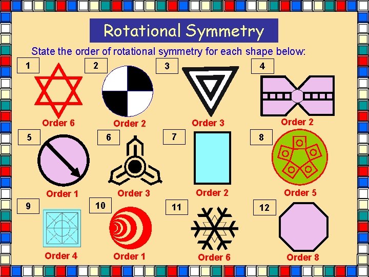 Rotational Symmetry State the order of rotational symmetry for each shape below: 1 2 Rotational Symmetry State the order of rotational symmetry for each shape below: 1 2