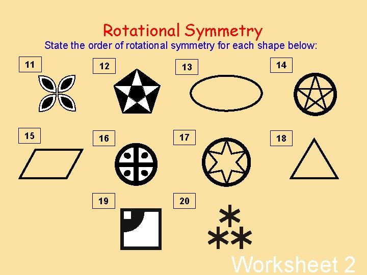 Rotational Symmetry State the order of rotational symmetry for each shape below: 11 12 Rotational Symmetry State the order of rotational symmetry for each shape below: 11 12