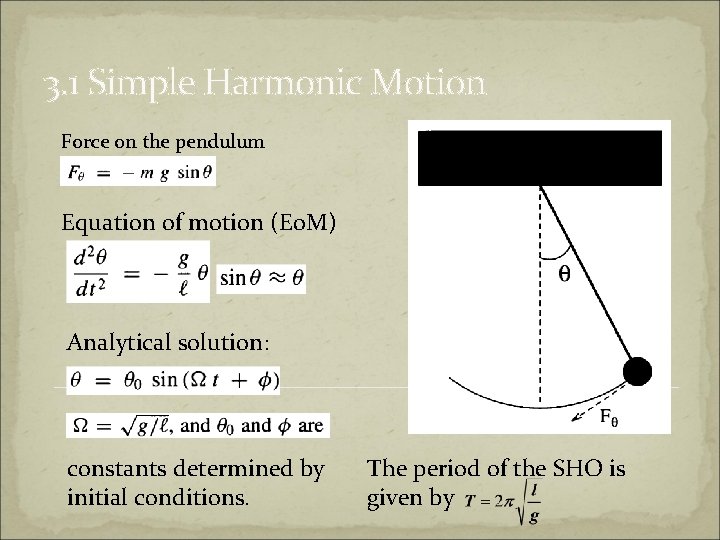 3. 1 Simple Harmonic Motion Force on the pendulum Equation of motion (Eo. M)