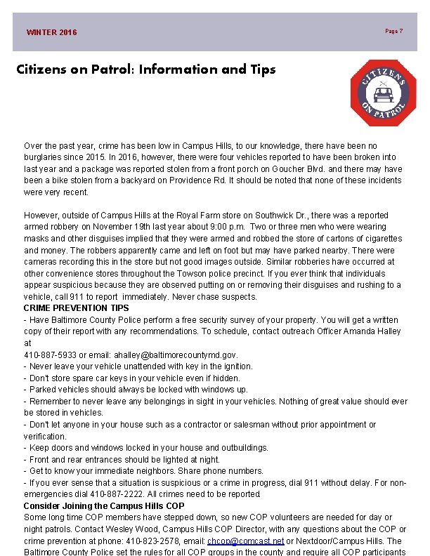 WINTER 2016 Page 7 Citizens on Patrol: Information and Tips Over the past year,