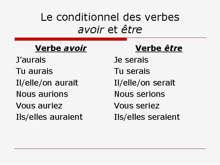 Le conditionnel des verbes avoir et être Verbe avoir J’aurais Tu aurais Il/elle/on aurait