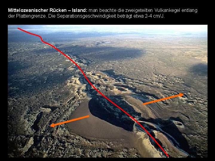 Mittelozeanischer Rücken – Island: man beachte die zweigeteilten Vulkankegel entlang der Plattengrenze. Die Separationsgeschwindigkeit