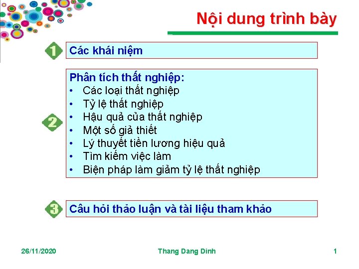 Nội dung trình bày Các khái niệm Phân tích thất nghiệp: • Các loại