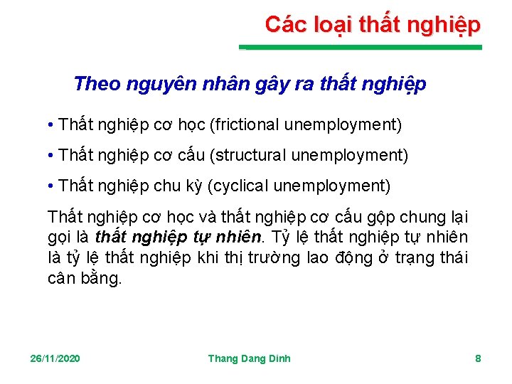 Các loại thất nghiệp Theo nguyên nhân gây ra thất nghiệp • Thất nghiệp