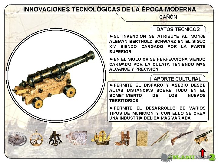 INNOVACIONES TECNOLÓGICAS DE LA ÉPOCA MODERNA CAÑÓN DATOS TÉCNICOS ►SU INVENCIÓN SE ATRIBUYE AL