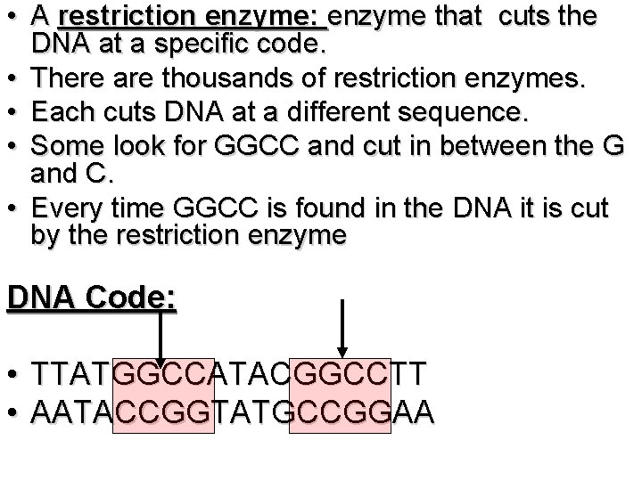  • A restriction enzyme: enzyme that cuts the DNA at a specific code.