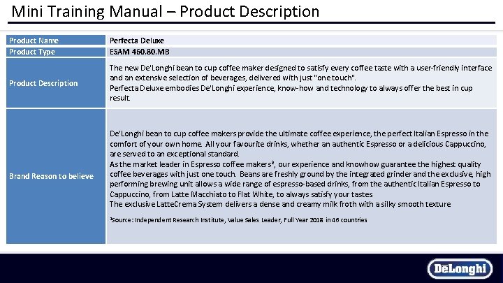 Mini Training Manual – Product Description Product Name Product Type Perfecta Deluxe ESAM 460.
