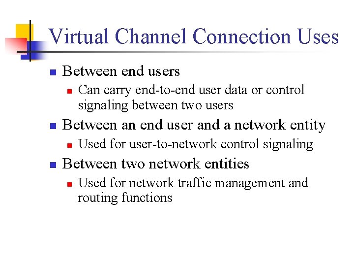 Virtual Channel Connection Uses n Between end users n n Between an end user